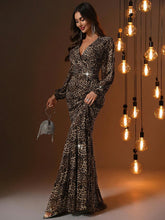Leopard Print Hot Diamond Glitter Plus V-Neck Long Sleeve Wrap Hip Pleated Fishtail Swing Dress